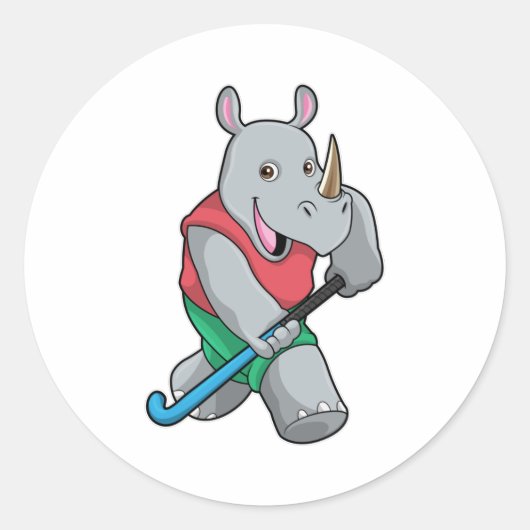 Rhino bij Hockey met Hockey bat Ronde Sticker (Voorkant)