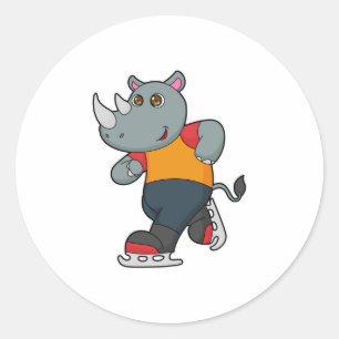 Rhino bij ijsschaatsen met ijsschaatsen ronde sticker