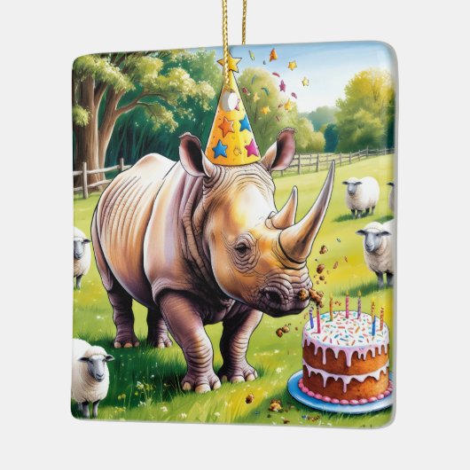 Rhino dragen verjaardagsfeestje in het engels pet keramisch ornament (Links)