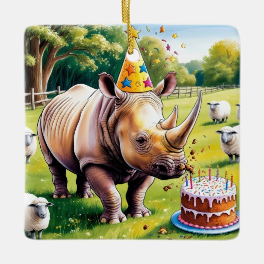 Rhino dragen verjaardagsfeestje in het engels pet keramisch ornament (Voorkant)