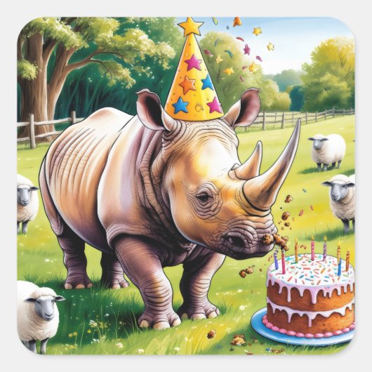 Rhino dragen verjaardagsfeestje in het engels pet vierkante sticker (Voorkant)