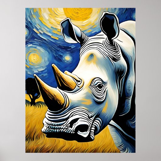 Rhino in de Sterrennacht Poster (Voorkant)