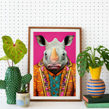 Rhino in Funky Suit Portrait Dierlijke Mode Kunst