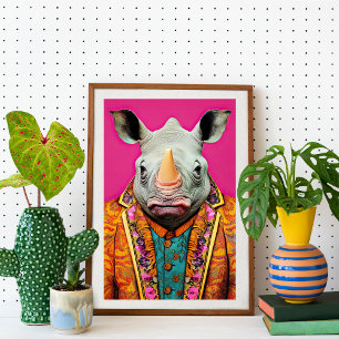 Rhino in Funky Suit Portrait Dierlijke Mode Kunst Poster