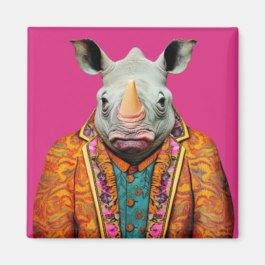 Rhino in Funky Suits Dierlijke Mode Art Pink Magneet (Voorkant)