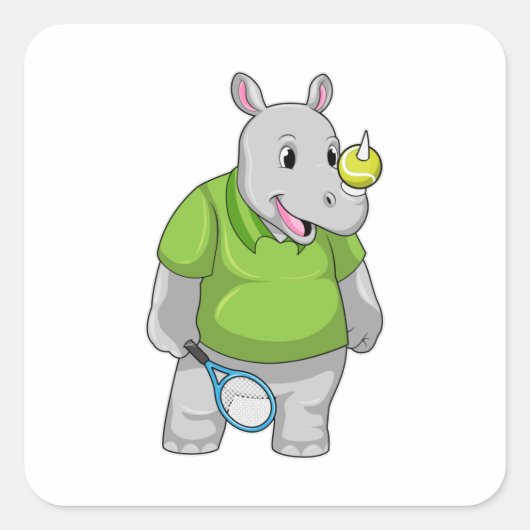 Rhino in Tennis met Tennis-bal Vierkante Sticker (Voorkant)