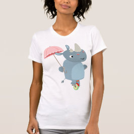 Rhino met paraplu op eenwieler vrouwen T-shirt