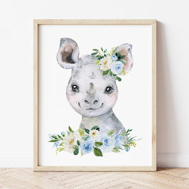 Rhino, Safari, Oerwoud, Blue Flowers, Boy Nursery Foto Afdruk