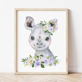 Rhino, Safari, paarse bloemen, genderneutraal Poster