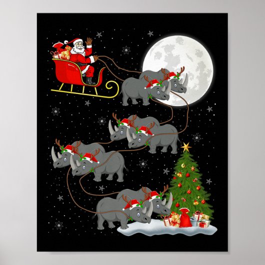 Rhino Santa Sleigh Flying Funny Magical Christmas  Poster (Voorkant)