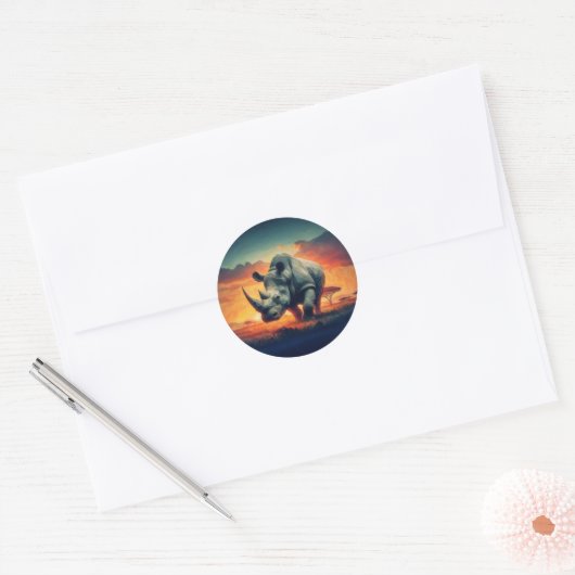 Rhino Sunset Safari Ronde Sticker (Envelop)