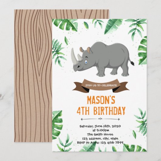 Rhino verjaardagsdouche uitnodiging (Voorkant / Achterkant)