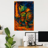 Rhino Warrior Wall Art – Fiery Sword Guardian Poster (Thuiskantoor)