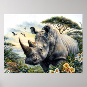 Rhinoceros Botanical Floral Waterverf Art Poster