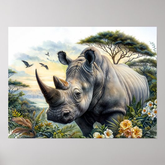 Rhinoceros Botanical Floral Waterverf Art Poster (Voorkant)