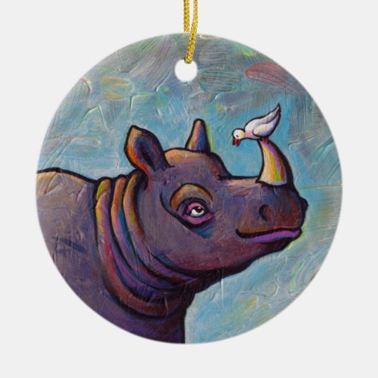 Rhinoceros maakt kleine vogelroddel leuk schilderi keramisch ornament (Voorkant)