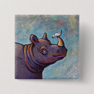 Rhinoceros maakt kleine vogelroddel leuk schilderi vierkante button 5,1 cm
