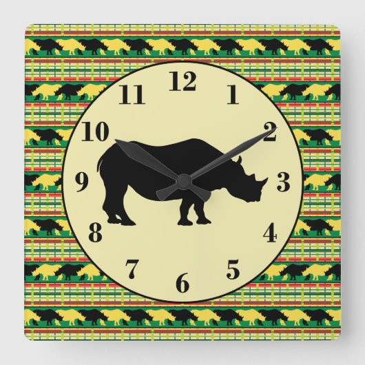 Rhinoceros Safari Weave Pattern en Silhouette Vierkante Klok (Voorkant)