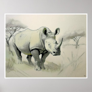 Rhinoceros Tekening - Kunstdruk Poster