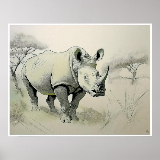 Rhinoceros Tekening - Kunstdruk Poster (Voorkant)