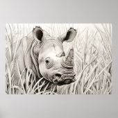 Rhinoceros Vreedzame Natuur Prairie Schetstekening Poster (Voorkant)