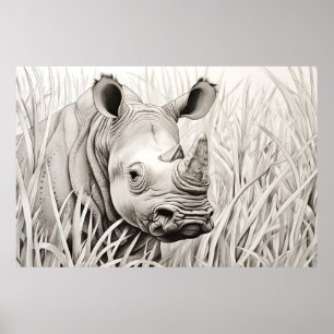Rhinoceros Vreedzame Natuur Prairie Schetstekening Poster