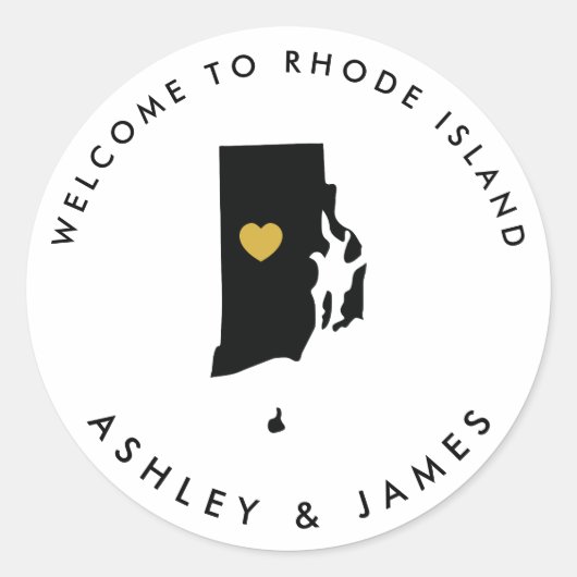 Rhode Island Bruiloft Welkom Sticker Label Goud (Voorkant)
