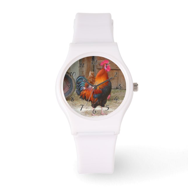 Rhode Island Red Rooster Crowing in Barnyard Horloge (Voorkant)