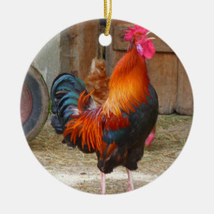Rhode Island Red Rooster Crowing in Barnyard Keramisch Ornament
