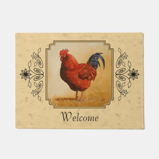 Rhode Island Red Rooster Yellow Background Deurmat (Voorkant)