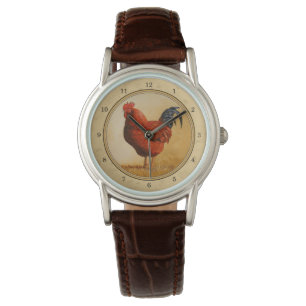Rhode Island Red Rooster Yellow Background Horloge