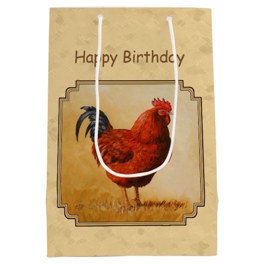 Rhode Island Red Rooster Yellow Background Medium Cadeauzakje (Achterkant)