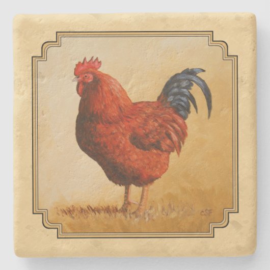 Rhode Island Red Rooster Yellow Background Stenen Onderzetter (Voorkant)
