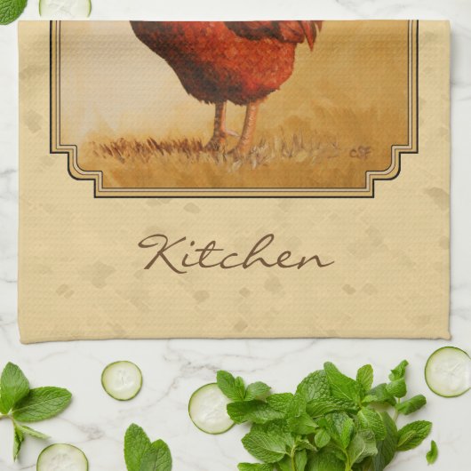 Rhode Island Red Rooster Yellow Background Theedoek (Gevouwen)