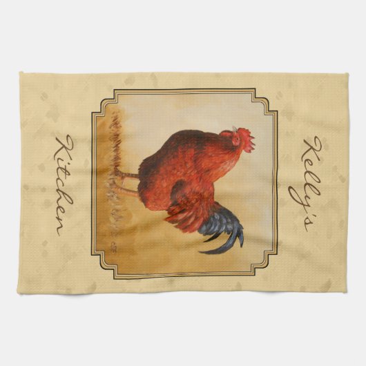 Rhode Island Red Rooster Yellow Background Theedoek (Horizontaal)