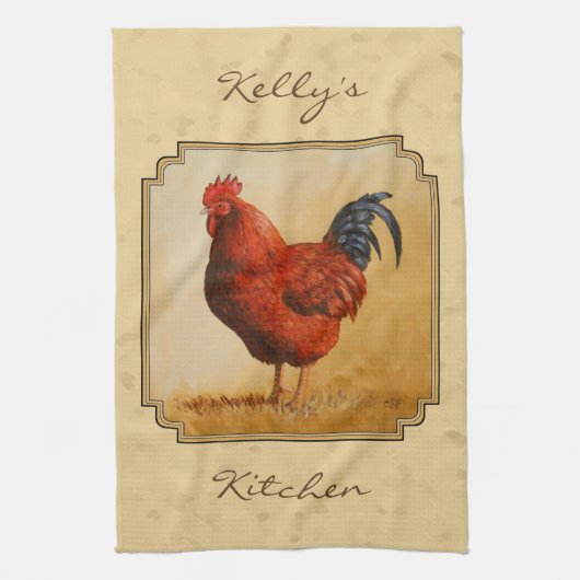 Rhode Island Red Rooster Yellow Background Theedoek (Verticaal)