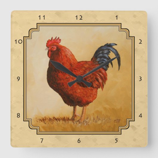 Rhode Island Red Rooster Yellow Background Vierkante Klok (Voorkant)