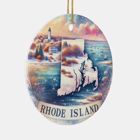 Rhode Island Sneeuwrijke Winter Kerstboom Keramisch Ornament (Rechts)