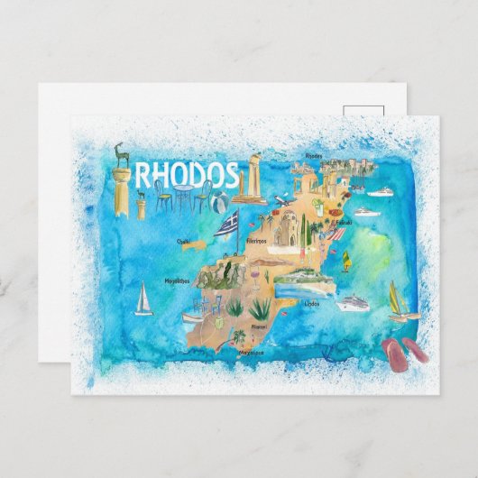 Rhodes Greece Illustrated Map met Landmarks Briefkaart (Voorkant / Achterkant)