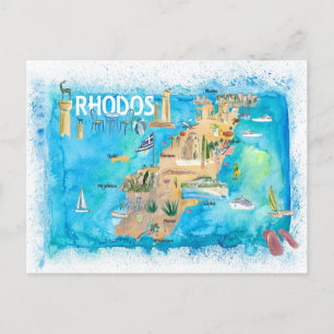 Rhodes Greece Illustrated Map met Landmarks Briefkaart