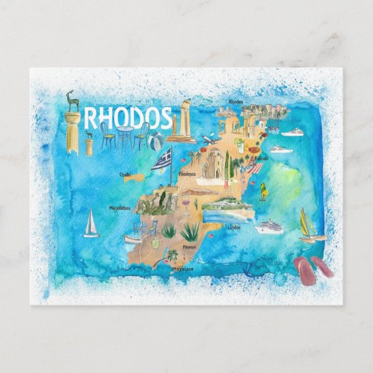 Rhodes Greece Illustrated Map met Landmarks Briefkaart (Voorkant)