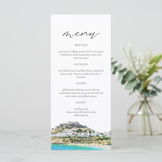 RHODES Greece Skyline Waterverf Wedding Menu Card (Staand voorkant)