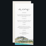 RHODES Greece Skyline Waterverf Wedding Menu Card<br><div class="desc">Dit menu bevat een schilderij van de waterverf van de Rhodes,  de Griekse kustlijn,  gekoppeld aan een eenvoudige lettertypecombinatie. Dit menu is ideaal voor uw bestemming of avontuur de bruiloft of de gebeurtenis.</div>
