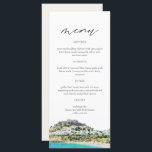 RHODES Greece Skyline Waterverf Wedding Menu Card<br><div class="desc">Dit menu bevat een schilderij van de waterverf van de Rhodes,  de Griekse kustlijn,  gekoppeld aan een eenvoudige lettertypecombinatie. Dit menu is ideaal voor uw bestemming of avontuur de bruiloft of de gebeurtenis.</div>