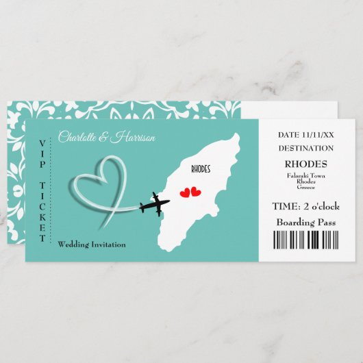 Rhodes Wedding Destination Ticket Boarding Pass In Kaart (Voorkant / Achterkant)