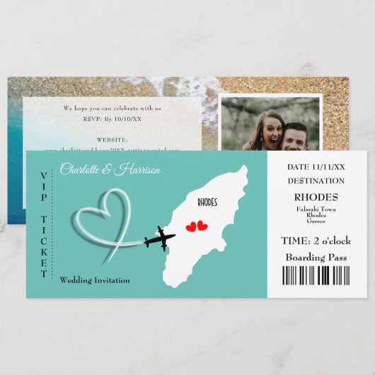 Rhodes Wedding Destination Ticket Boarding Pass Kaart (Voorkant / Achterkant)