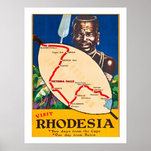 Rhodesia, traditionele krijger met kaart op schild poster (Voorkant)