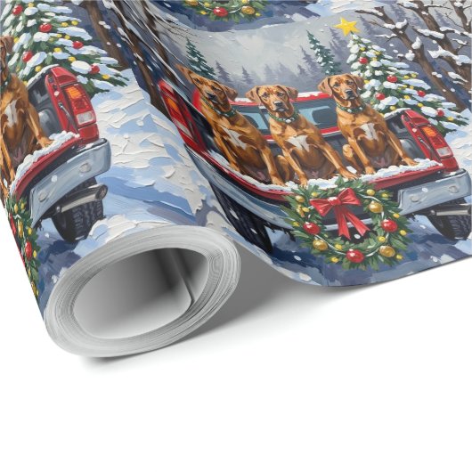 Rhodesian Ridgeback Christmas Red Truck Holiday Cadeaupapier (Rol Hoek)