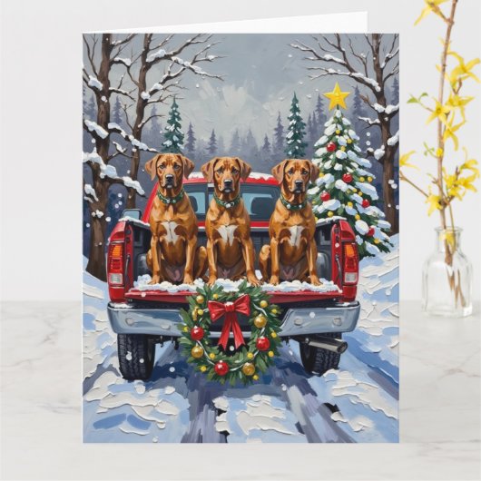 Rhodesian Ridgeback Christmas Red Truck Holiday Kaart (Gele Bloem)