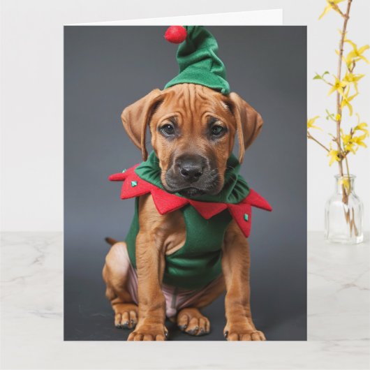 Rhodesian Ridgeback Elf Puppy Kerst Kaart (Gele Bloem)